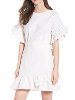 Socialite White Linen Blend Faux Wrap Ruffle Mini Dress Size M Summer Bridal